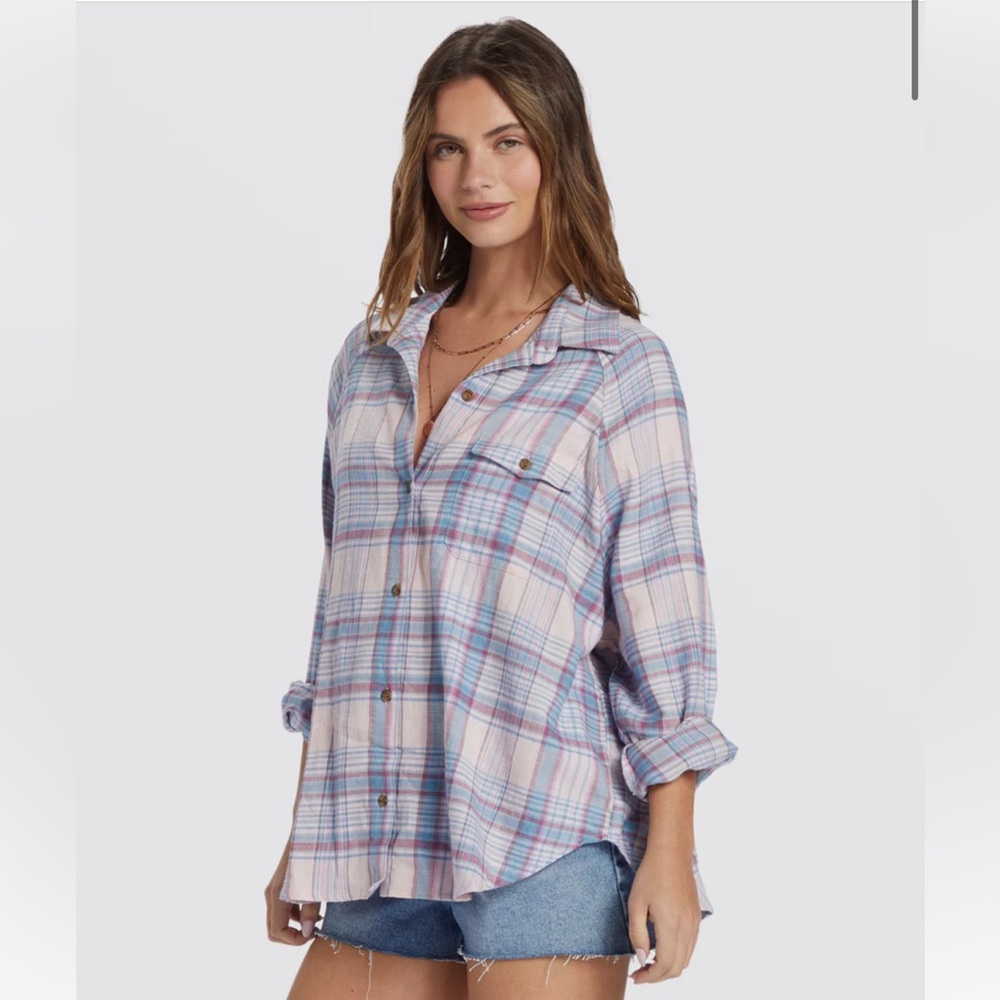 Billabong Best Time Long Sleeve Plaid Shirt Button Down- Washed Berry